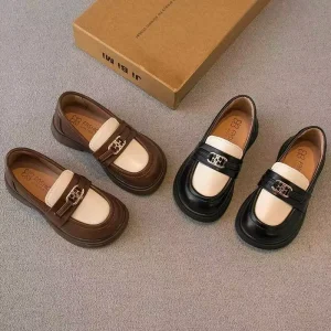 New Trendy Boys Leather Shoes Little Girls Fashion Soft Sole Children’s Student slip on Black School Shoes Casual Kids