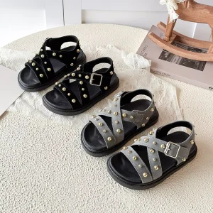 New Trendy Kids Fashion Shoes Summer Baby Outdoor Wear Rivet Soft Sole Casual Roman Sandals for Girl