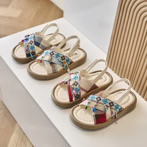 New Unisex Summer Waterproof Casual Flat Sandals with Back Strap and Soft Sole Ethnic Design Pendants Princess and Girl Sandals