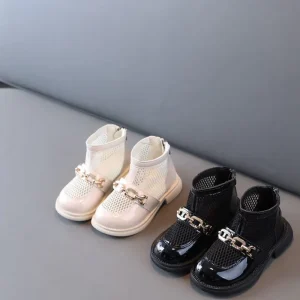 New Vintage Kids Princess White And Black Shoes Summer Breathable Soft Sole Korean Mesh Boots For Girls