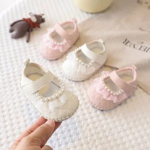 Newborn Baby Girl Princess Shoes Lace Ruffle Pearl Decor Non Slip Quilted Toddler Flats