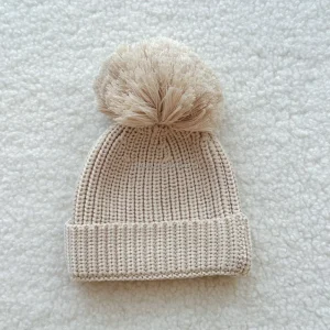 Newborn Boy Knit Oatmal Beanie with White Pompom Warm Winter Baby Soft Ribbed Caps Knitting Folded Baby Kids Hat Knitwear Gift
