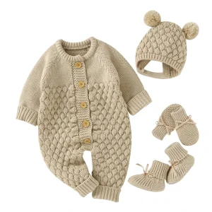 Newborn Infant Baby Knitted Home Coming Outfit Birth Announcement Rompers with Hat Shoes Gloves Clothing Sets