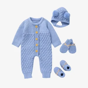 Newborn Infant Baby Knitted Home Coming Outfit Rompers Onesies with Hat Shoes Gloves Clothing Sets