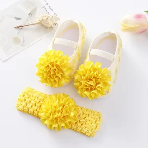 Newborn Lace Flowers Headband Anti Slip Soft Sole First Walkers Toddler Kids Cotton Baptism Shoes Spring Infant Baby Girl Shoes