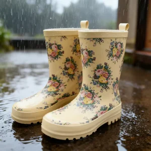 Newest Kids Custom Full Flowers Printed Beige Rubber Rain Boots