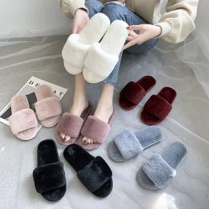 Non-Slip Casual Indoor Floor Flat Bottom Slippers Ladies Flip Flops Women Winter House Furry Slippers