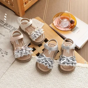 Non Slip Outsole Kids Girls Sandals Lace Bow Decorated Open Toe Shoes for Daily Wear Beach Play Toddler Outdoor Footwear