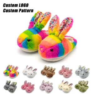Non Slip Plus Size Adult Cute Plush Bunny Indoor Winter Bedroom House Shoes Women’s Fluffy Rabbit Slippers with Floral Ears