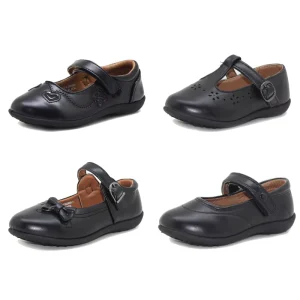 OEM Embroidery Kids Black Leather Back to School Dress Shoes for Girls