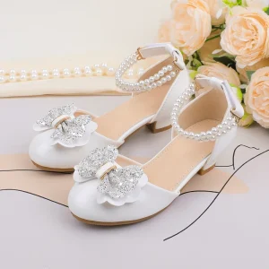OEM Factory Custom Kids White Pearl Dress Shoes Girls LowHeel Princess Shoes for Wedding Party chaussures pour enfants