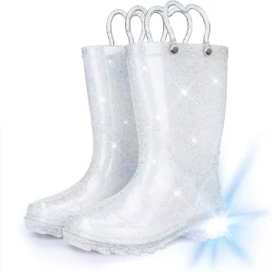 OEM Kids Glitter Light up Rain Boots Lightweight Waterproof Rubber Shoes with Handles for Girls Toddlers Children