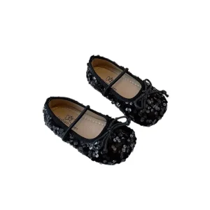 OEM Logo Kids Dance Shoes Girls’ Sequined Princess Flat Sandals White Silver Black Soft Soled Shallow Dance Shoes Kids