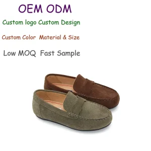 OEM ODM Custom Logo Classic Kids Green Cow Suede Leather Loafers Latest Design Casual Flat Loafer Custom Boys Breathable Loafers