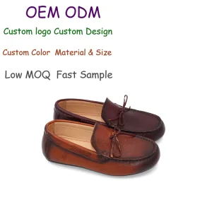 OEM ODM Custom logo Italian Style Comfortable Children Leather Loafers Handwash Leather Flat Sole Loafer Kids