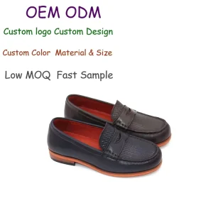 OEM ODM Custom logo Premium Brown Blue Embossed Texture Leather Kids Loafers Slip on Children Shoes