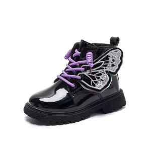 OEM Patent Leather Girls Boots Butterfly Embroidery Waterproof Non Slip Cute Kids Ankle Casual Shoes
