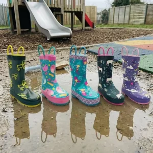 OEM Transfer Film Waterproof Toddler Children Gumboots Rubber Kids Rain Boots With Easy-On Handles