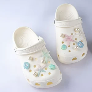 Ocean Style Pearl Starfish Shell Shoe Charms Set for Summer Sandals DIY Accessories Soft PVC Embellishments for Kids and Adults