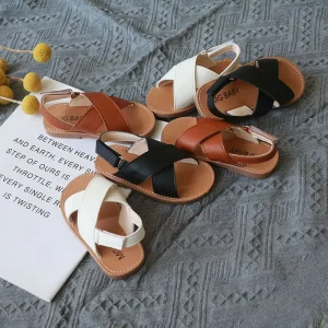 Open-Toe Flat PU Leather Ankle Beach Sandals Leaves Pattern Rubber Outsole for Kids Hook Loop Closure Baby Crib Shoes Unisex