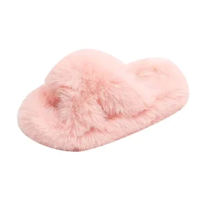 Open Toe Slippers for Girls Cute Cross Band Lightweight Anti Slip Winter Warm Slides for Kids