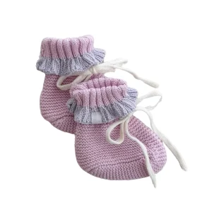 Organic Cotton Boutique Ruffle Knitted Baby Booties Soft Newborn Infant Girl Shoes with Bow Tie