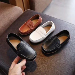 PU Upper Children’s Formal Dress Shoes Black and White Boys Boat Footwear Fashion Trend LightWeight Kids Moccasin Shoe