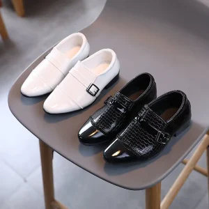 PVC Crocodile Pattern Slip On Boys Loafers Black and White Formal School Shoes for Spring and Summer