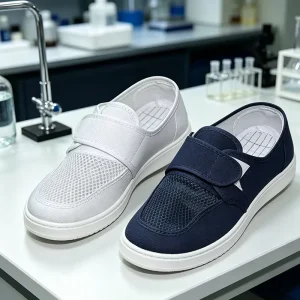 PVC Foamed Outsole White/Blue Color Canvas Upper ESD Shoes Mesh Upper Unisex Washable Summer Men’s Low-top Workshop Work Shoes