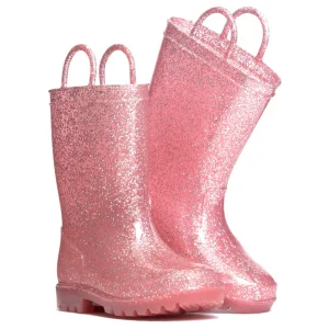 PVC Glitter Kids Rain Boots Waterproof with Easy Handle Lightweight Children Rainy Day Footwear