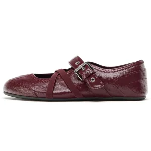 Patent Burgundy Mary Jane Ballet Flats Crossed Straps Buckle Toe Breathable Soft Summer Comfortable Genuine Leather Women Shoes