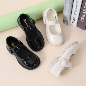 Patent Leather Black White Dress Shoes Girls Fashion Children Mary Jane Hook Loop Lightweight Kids Wedding Footwear