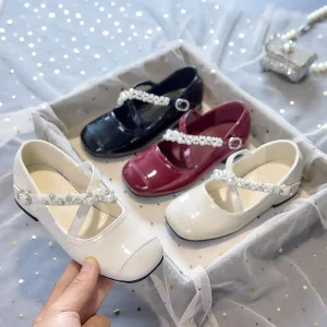 Pearl Embellished Girls Kids Square Toe Mary Jane Shoes Skin Friendly Durable for Formal Party Daily Dress Matching