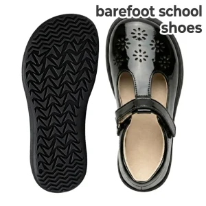Personalized Custom Logo OEM ODM Minimalist Kids Leather Wide Toe Box T bar Girls Black Barefoot School Shoes for Students