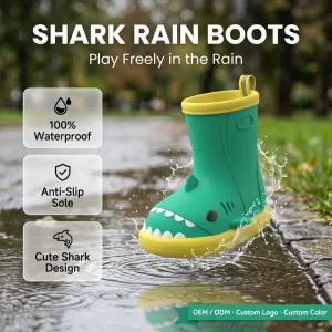 Phthalate Free Kids Waterproof Rain Boots Cute Shark Design Light Anti Slip Wave Sole Removable Latex Insole Toddler Rain Boots