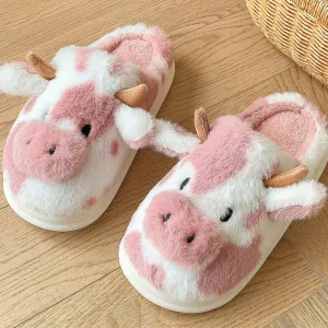 Pink Cow Plush Slipper Soft Kids Plush Slide Cotton Warm Solid Slide Home Indoor Sweat Absorbing Floor Warm Shoe Home Shoes