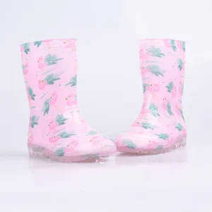 Pink Flamingo patterned Waterproof PVC Children’s Rain Boots with Small Lights