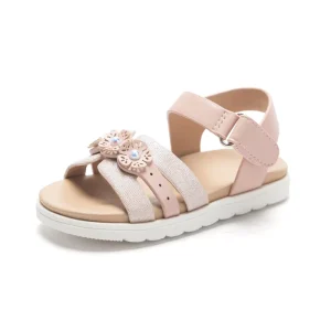 Pink Flower Rhinestone Toddler & Baby Girls’ Sandals Casual Shoes with Hook & Loop Closure for Summer Party & Daily Wear