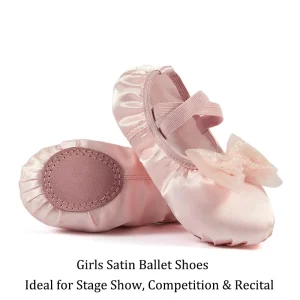 Pink Satin Ballet Shoes for Girls Kids Soft Comfortable Children Dance Shoes with Bowknot