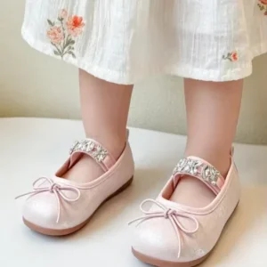 Pink Satin Girls Rhinestone Flat Shoes Korean French Style Kids Soft Sole Slip on Loafers for Birthday Party