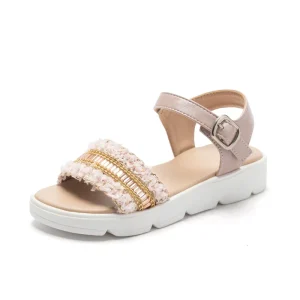 Pink Tweed Chain Hook & Loop Closure High heeled Chunky Sole Girls Sandals Toddlers Summer Casual Shoes for Party & Outdoor