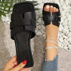 Plus Size Women’s Southeast Asia Open Toe Fish Mouth Flat Summer Cool Lightweight PU Upper European American Style Solid