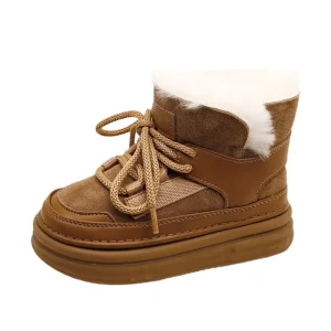 Plush Kids Snow Boots for Winter Boys and Girls Genuine Leather Thick Sole Warm Slip On Short Boots for Toddlers