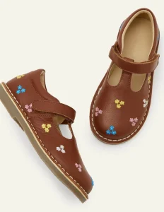 Pretty Embroidered Flowers Kids Leather T-bar Flats Mary Jane Girls Summer Winter Lightweight Party Shoes