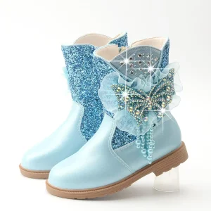 Pretty Princess Winter Kids Mid Boots Bow Outdoor With Fur Shoes Cotton Zip Design Baby Ankle Boots for Girls
