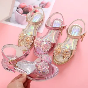 Princess Children Girls Fancy Sandals Shiny Flats Soft Bottom Open Toe Shoes Girls Dress Performance Princess Sandals
