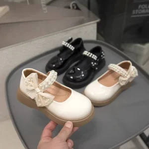 Princess Dress Shoes for Girls Soft Sole Bean Korean Style Pearl Leather Shoes 3 12 Years Big Children’s Size for Babies