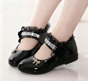 Princess Style Black Leather Dress Shoes for Girls Big Children and Babies for Summer Parties and Occasions