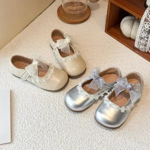 Princess Style Spring Autumn Kids Party Shoes Pearls Bowknot Sweet Girls Flat Dress Shoes