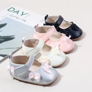 Princess Toddler Baby Girls Shoes Hand-Sewn Bow Design Solid PU Leather Elegant and Comfortable